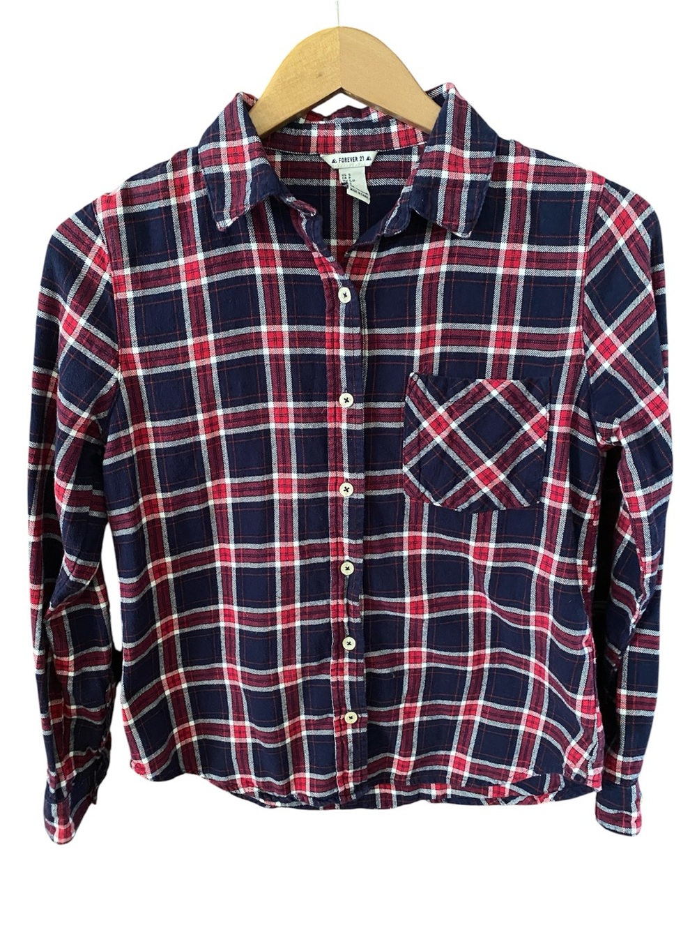 Forever 21 Navy Blue, Red & White Plaid Button-Down Flannel Shirt